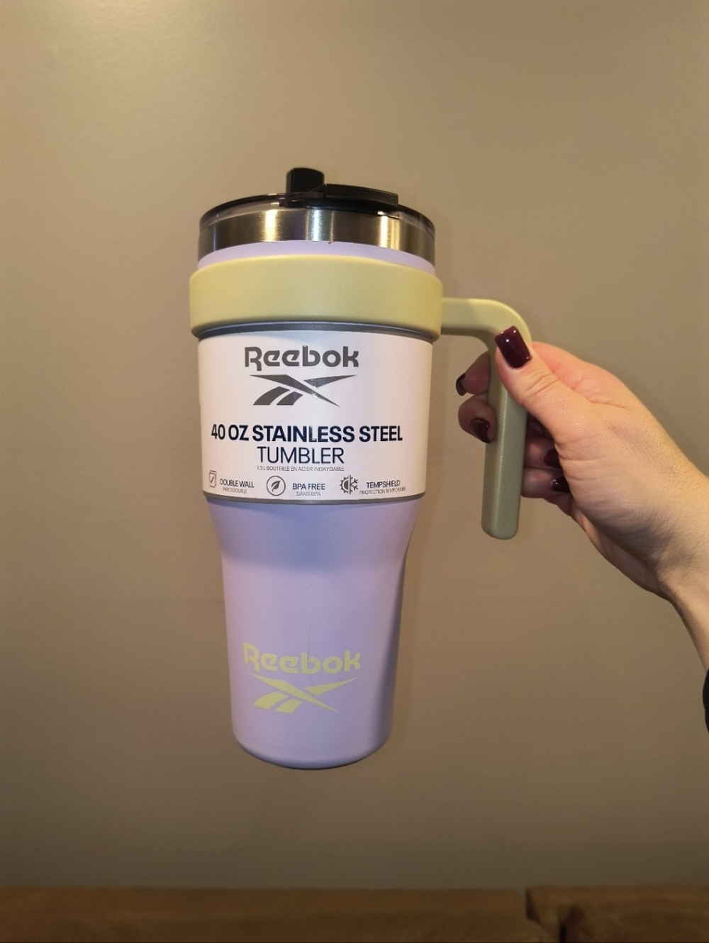 Reebok 40 OZ Stainless Steel Tumbler W/ Handle Water Bottle New Purple BPA Free